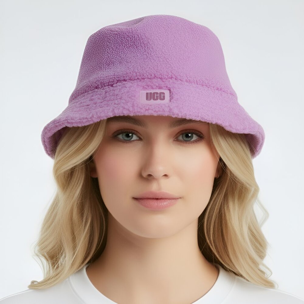 UGG Pink Sherpa Bucket Hat One Size Faux Fur Logo Bucket Cap - Picture 1 of 7